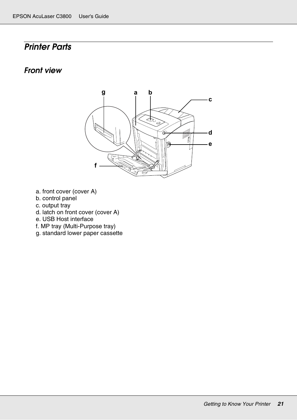 Printer parts, Front view | Epson ACULASER C3800 User Manual | Page 21 / 302