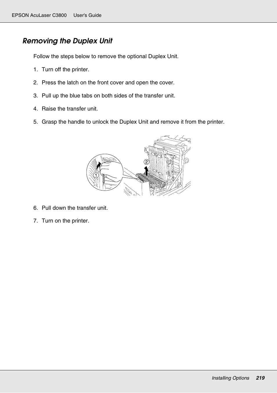 Removing the duplex unit | Epson ACULASER C3800 User Manual | Page 219 / 302