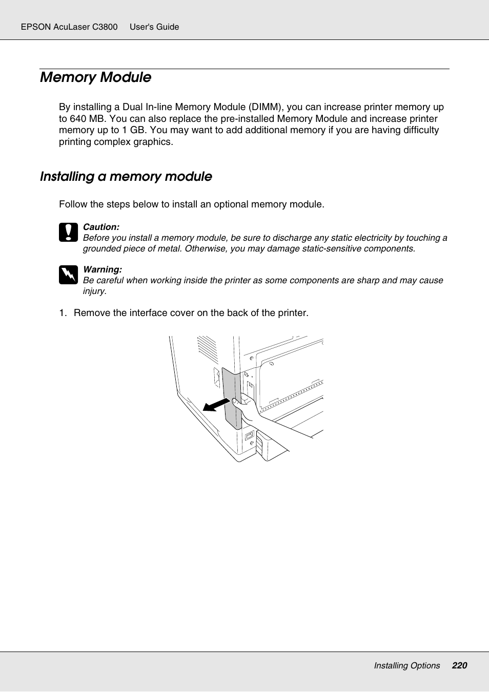 Memory module, Installing a memory module | Epson ACULASER C3800 User Manual | Page 220 / 302