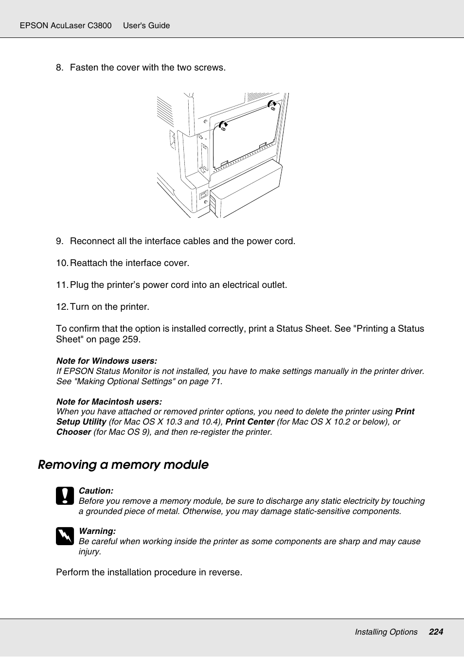 Removing a memory module | Epson ACULASER C3800 User Manual | Page 224 / 302