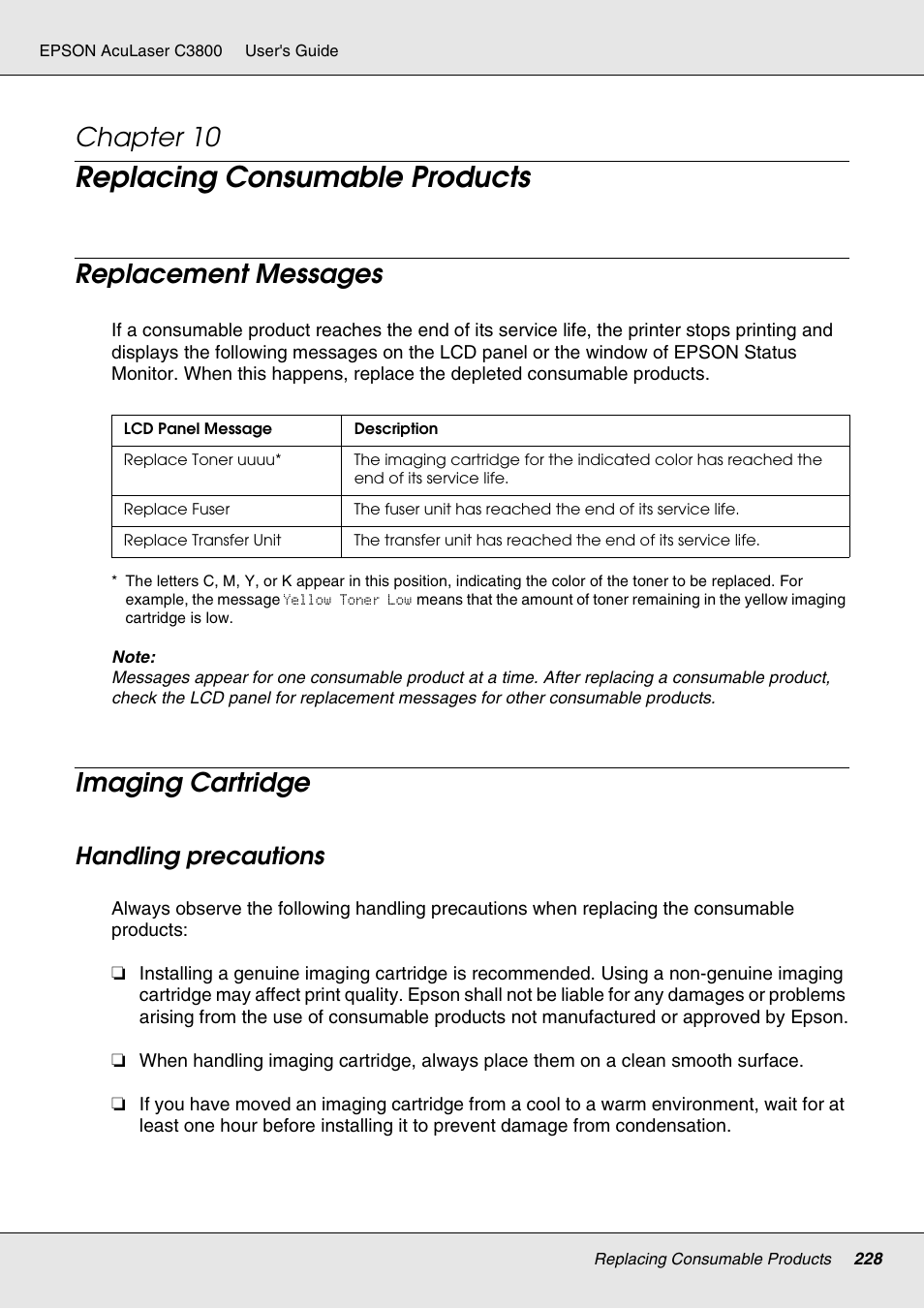 Replacing consumable products, Replacement messages, Imaging cartridge | Handling precautions, Chapter 10, Replacement messages imaging cartridge | Epson ACULASER C3800 User Manual | Page 228 / 302