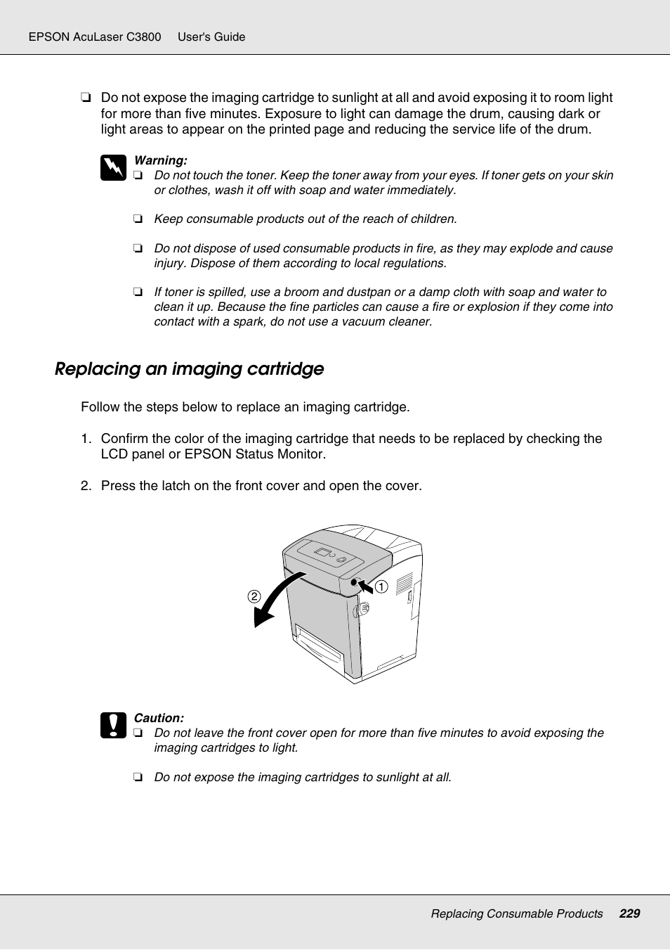 Replacing an imaging cartridge | Epson ACULASER C3800 User Manual | Page 229 / 302