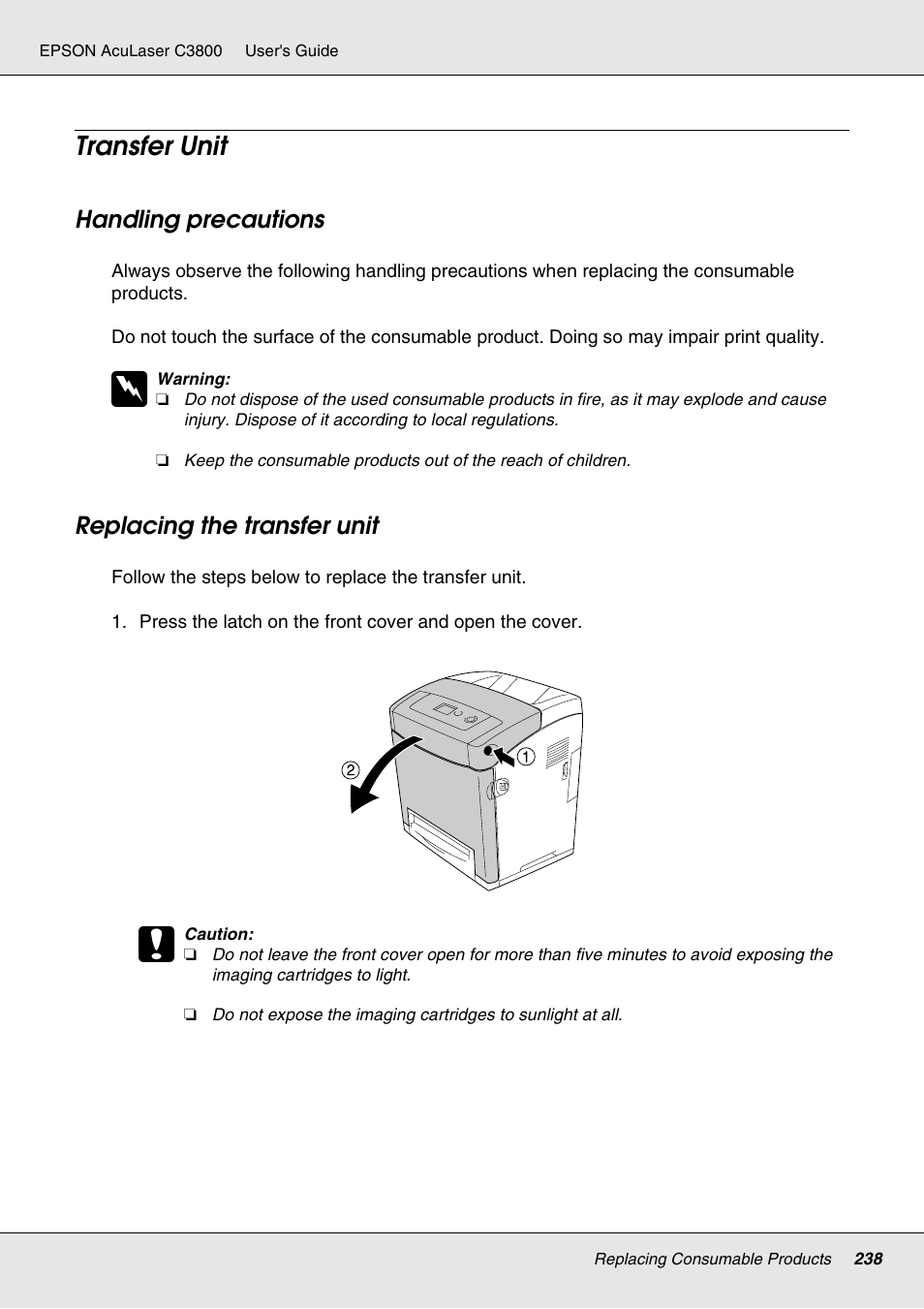 Transfer unit, Handling precautions, Replacing the transfer unit | Handling precautions replacing the transfer unit | Epson ACULASER C3800 User Manual | Page 238 / 302