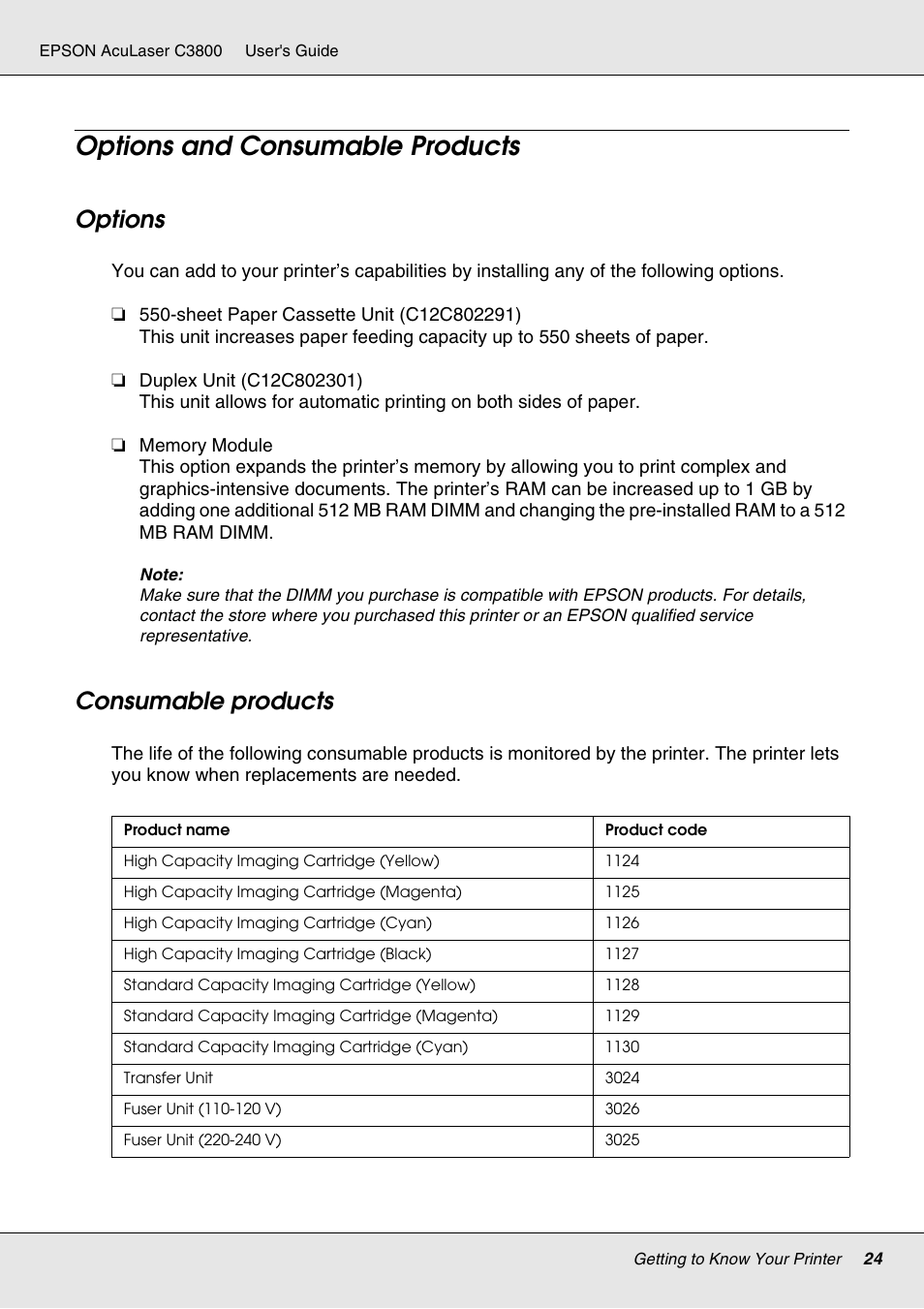 Options and consumable products, Options, Consumable products | Options consumable products | Epson ACULASER C3800 User Manual | Page 24 / 302