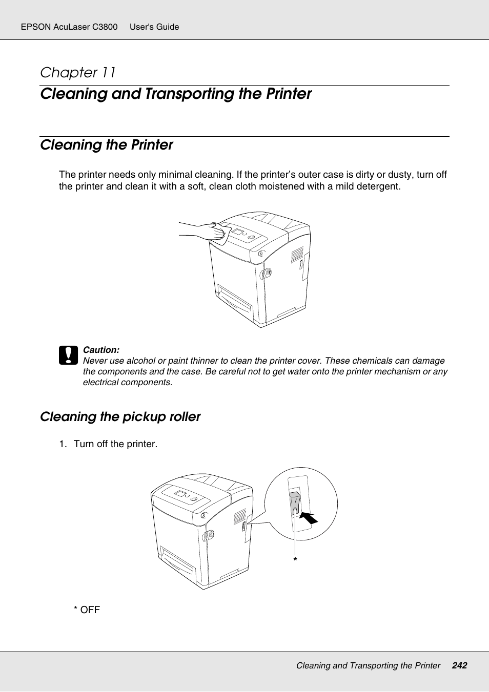 Cleaning and transporting the printer, Cleaning the printer, Cleaning the pickup roller | Chapter 11 | Epson ACULASER C3800 User Manual | Page 242 / 302
