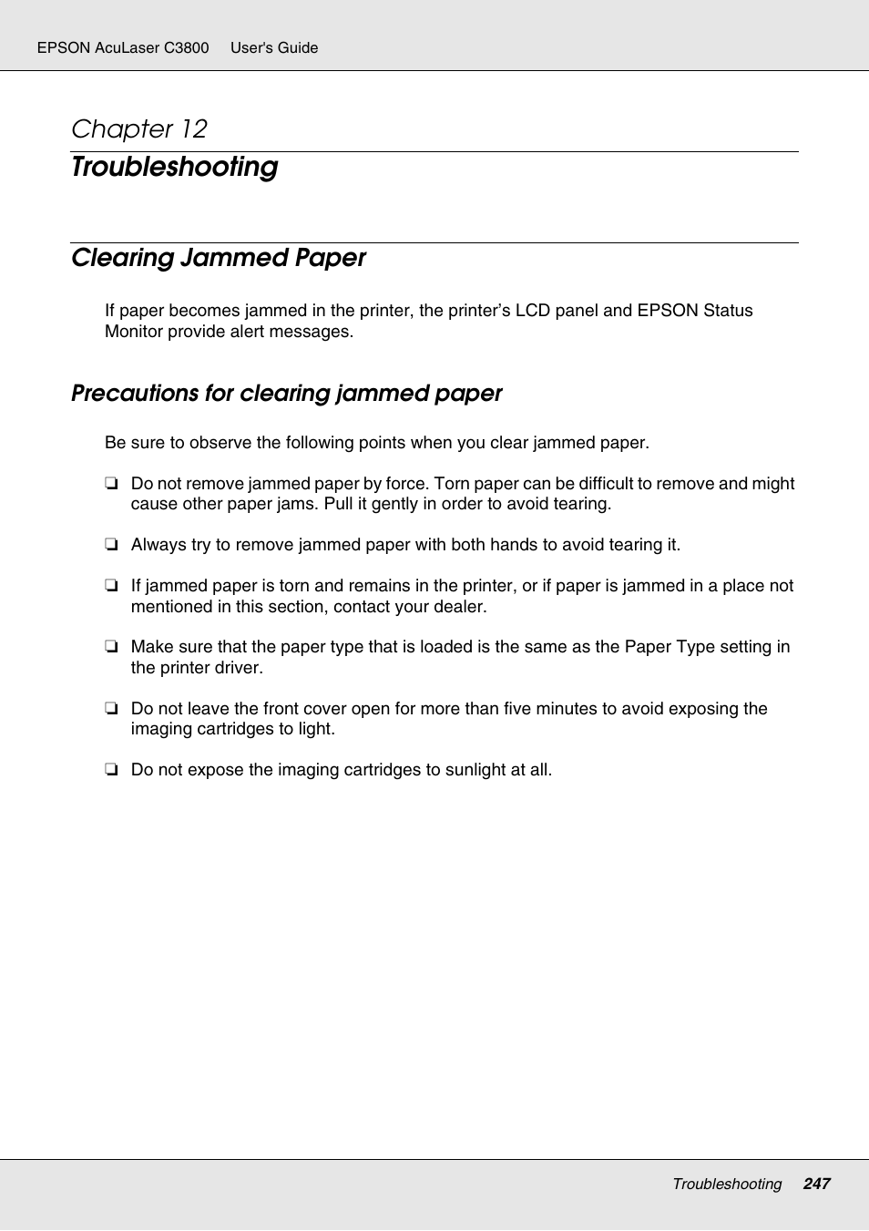 Troubleshooting, Clearing jammed paper, Precautions for clearing jammed paper | Chapter 12 | Epson ACULASER C3800 User Manual | Page 247 / 302