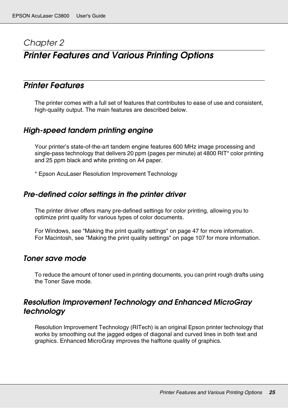 Printer features and various printing options, Printer features, High-speed tandem printing engine | Pre-defined color settings in the printer driver, Toner save mode, Chapter 2 | Epson ACULASER C3800 User Manual | Page 25 / 302