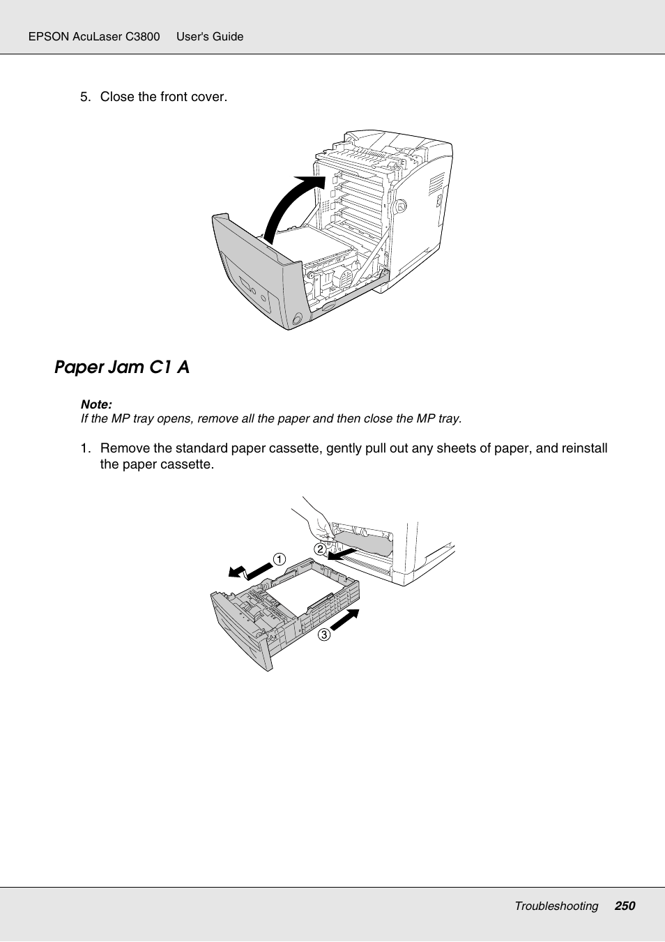Paper jam c1 a | Epson ACULASER C3800 User Manual | Page 250 / 302