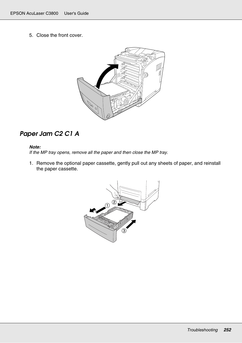 Paper jam c2 c1 a | Epson ACULASER C3800 User Manual | Page 252 / 302