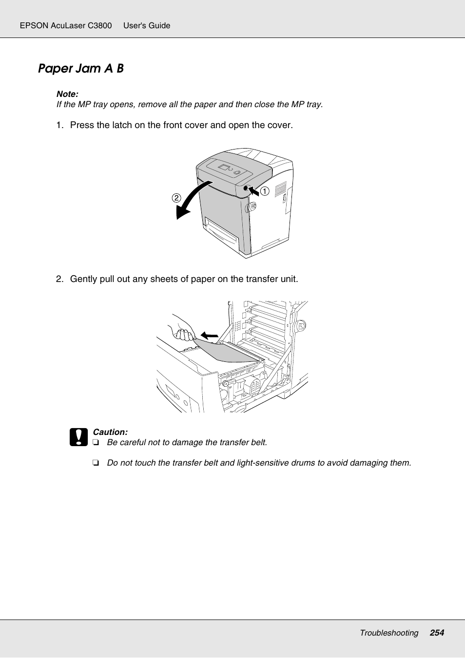 Paper jam a b | Epson ACULASER C3800 User Manual | Page 254 / 302