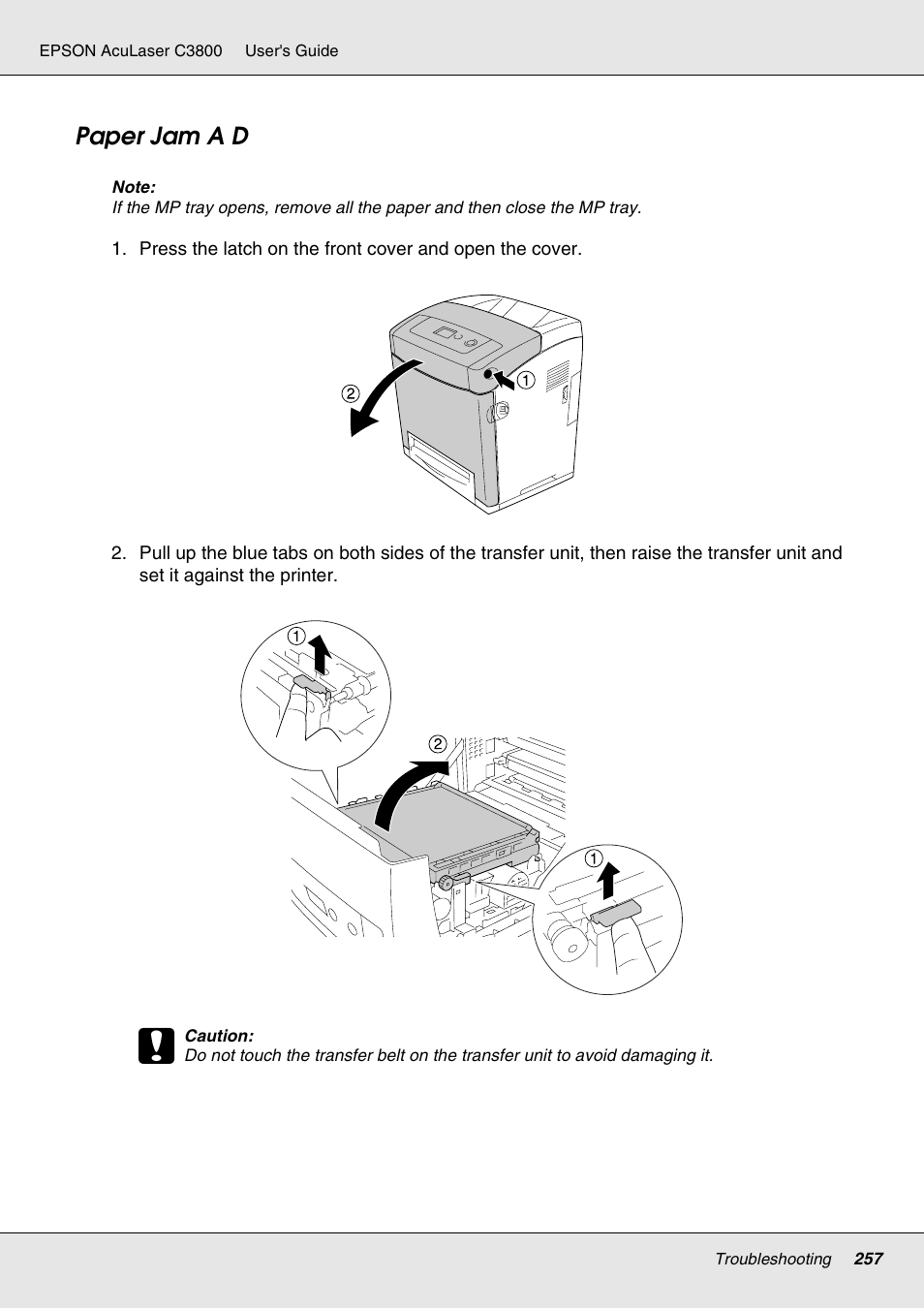 Paper jam a d | Epson ACULASER C3800 User Manual | Page 257 / 302