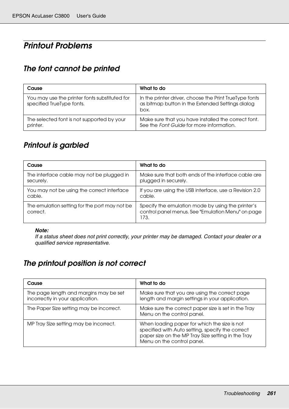 Printout problems, The font cannot be printed, Printout is garbled | The printout position is not correct, The font cannot be printed printout is garbled | Epson ACULASER C3800 User Manual | Page 261 / 302