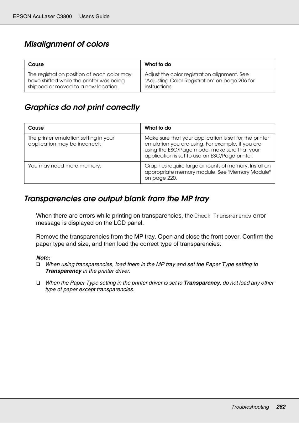 Misalignment of colors, Graphics do not print correctly, Transparencies are output blank from the mp tray | Epson ACULASER C3800 User Manual | Page 262 / 302