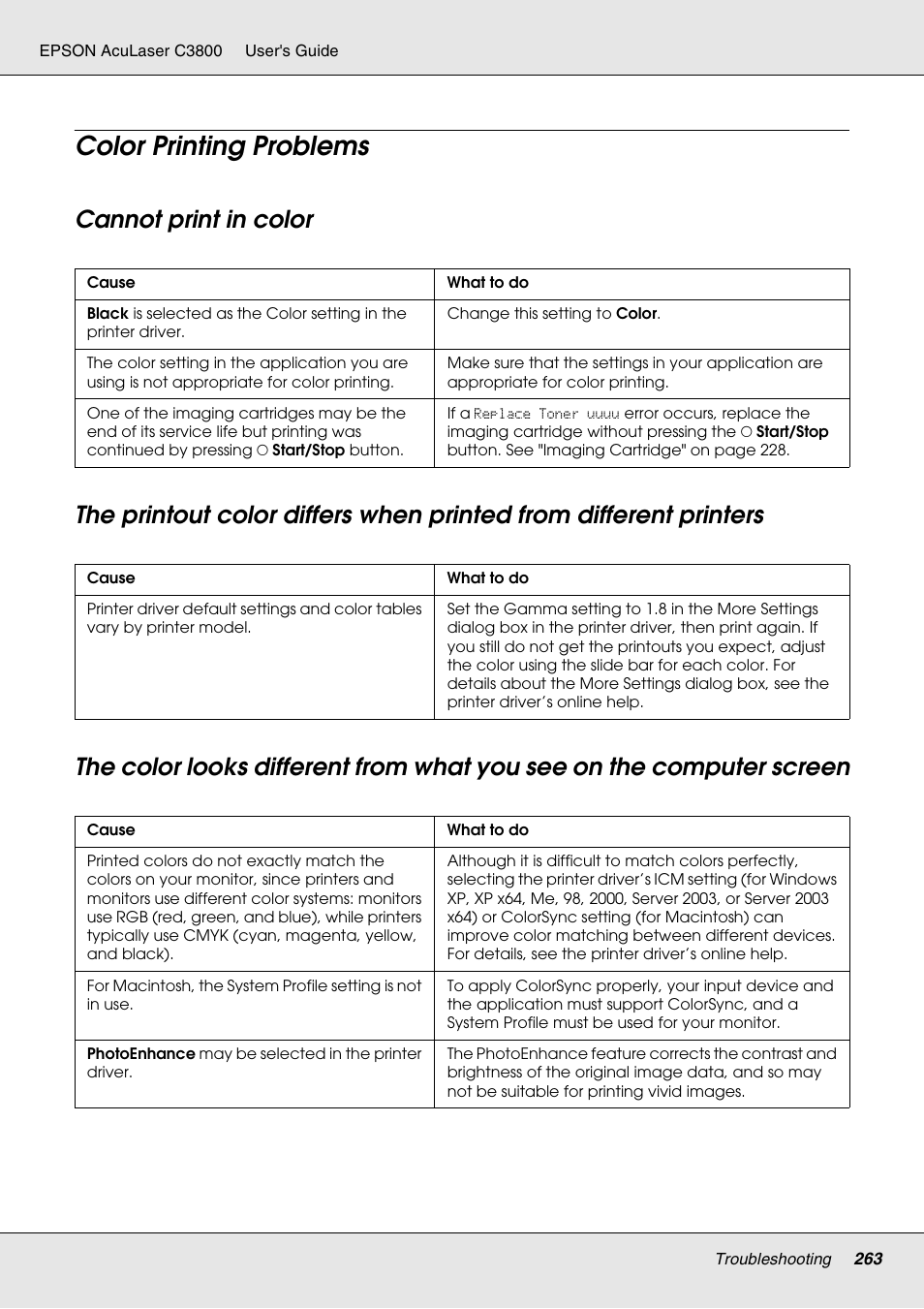 Color printing problems, Cannot print in color | Epson ACULASER C3800 User Manual | Page 263 / 302