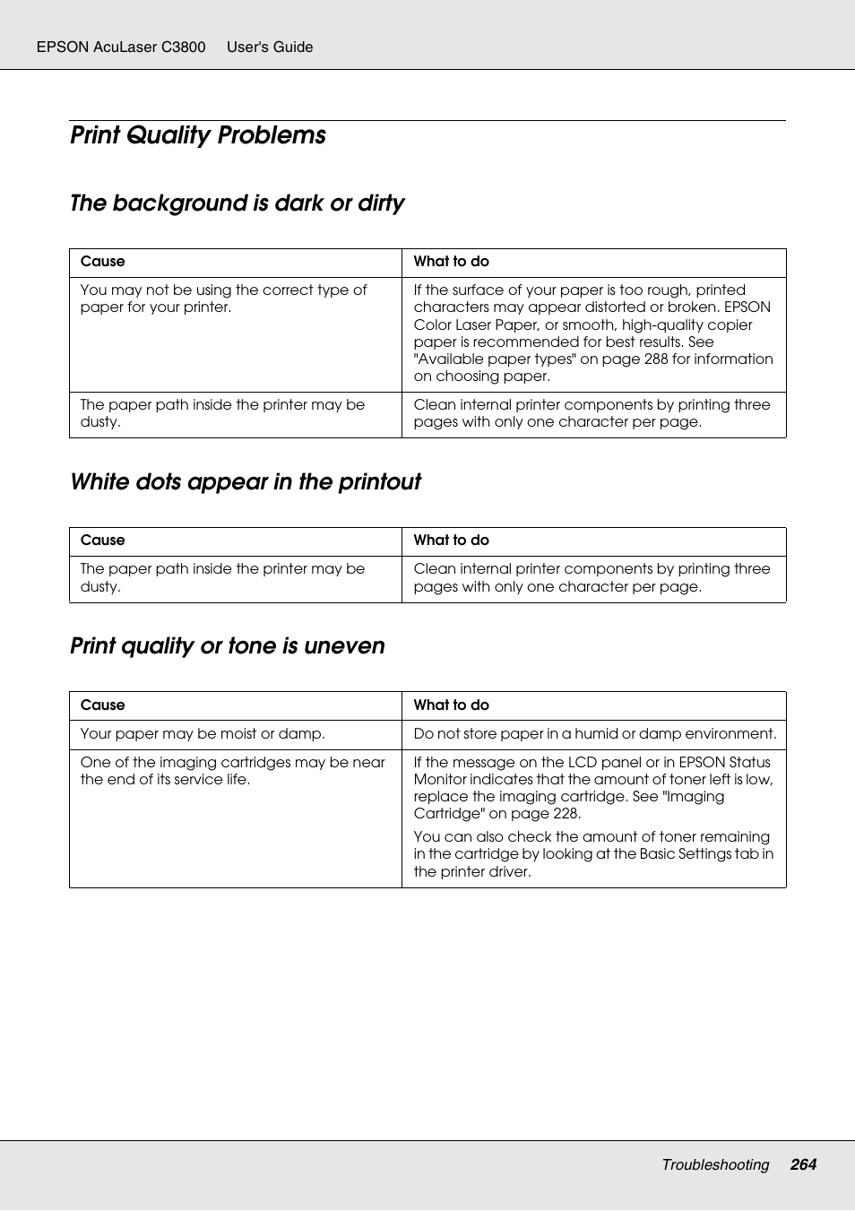 Print quality problems, The background is dark or dirty, White dots appear in the printout | Print quality or tone is uneven | Epson ACULASER C3800 User Manual | Page 264 / 302