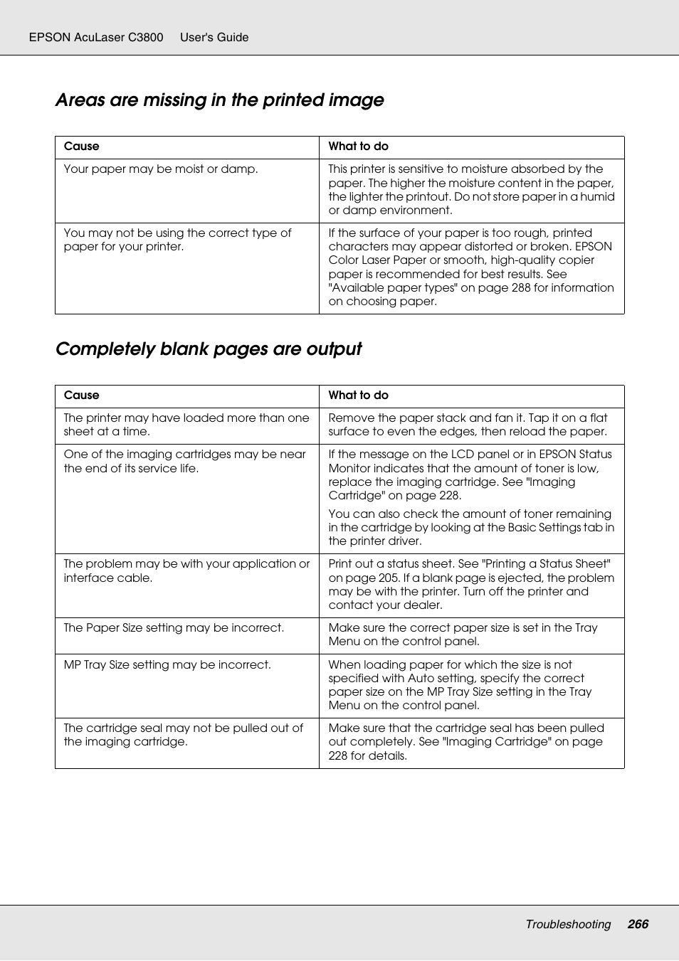 Areas are missing in the printed image | Epson ACULASER C3800 User Manual | Page 266 / 302