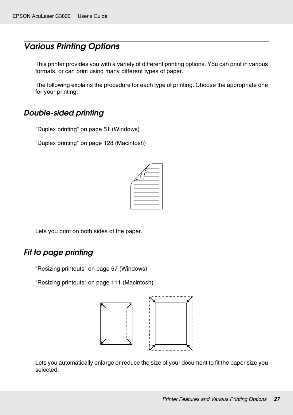 Various printing options, Double-sided printing, Fit to page printing | Epson ACULASER C3800 User Manual | Page 27 / 302