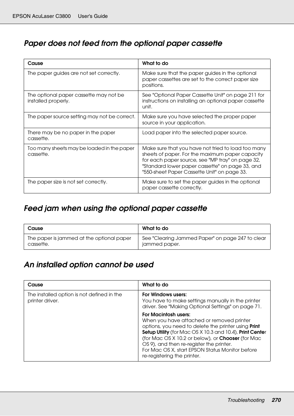 Feed jam when using the optional paper cassette, An installed option cannot be used | Epson ACULASER C3800 User Manual | Page 270 / 302