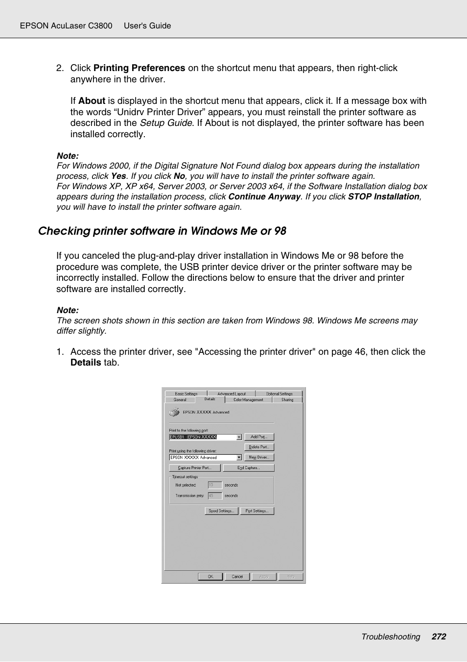 Checking printer software in windows me or 98 | Epson ACULASER C3800 User Manual | Page 272 / 302