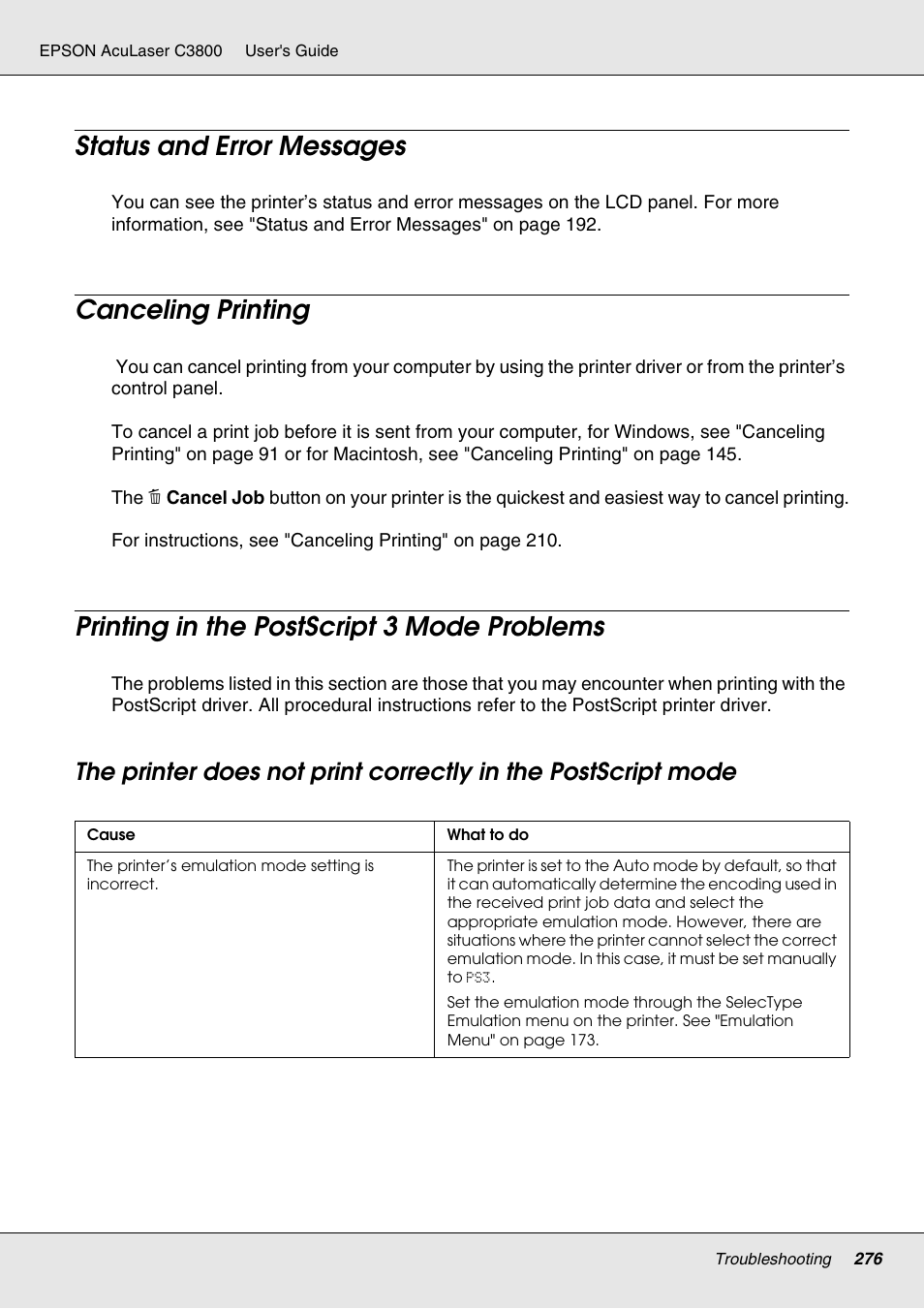Status and error messages, Canceling printing, Printing in the postscript 3 mode problems | Epson ACULASER C3800 User Manual | Page 276 / 302