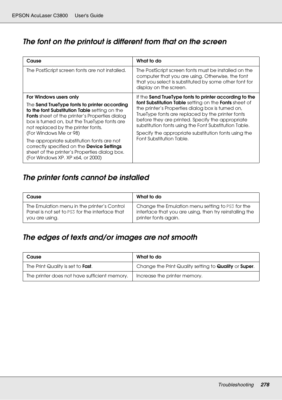 The printer fonts cannot be installed, The edges of texts and/or images are not smooth | Epson ACULASER C3800 User Manual | Page 278 / 302