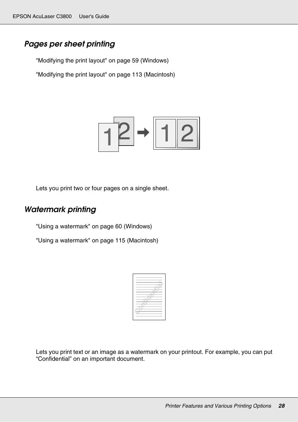 Watermark printing, Pages per sheet printing | Epson ACULASER C3800 User Manual | Page 28 / 302