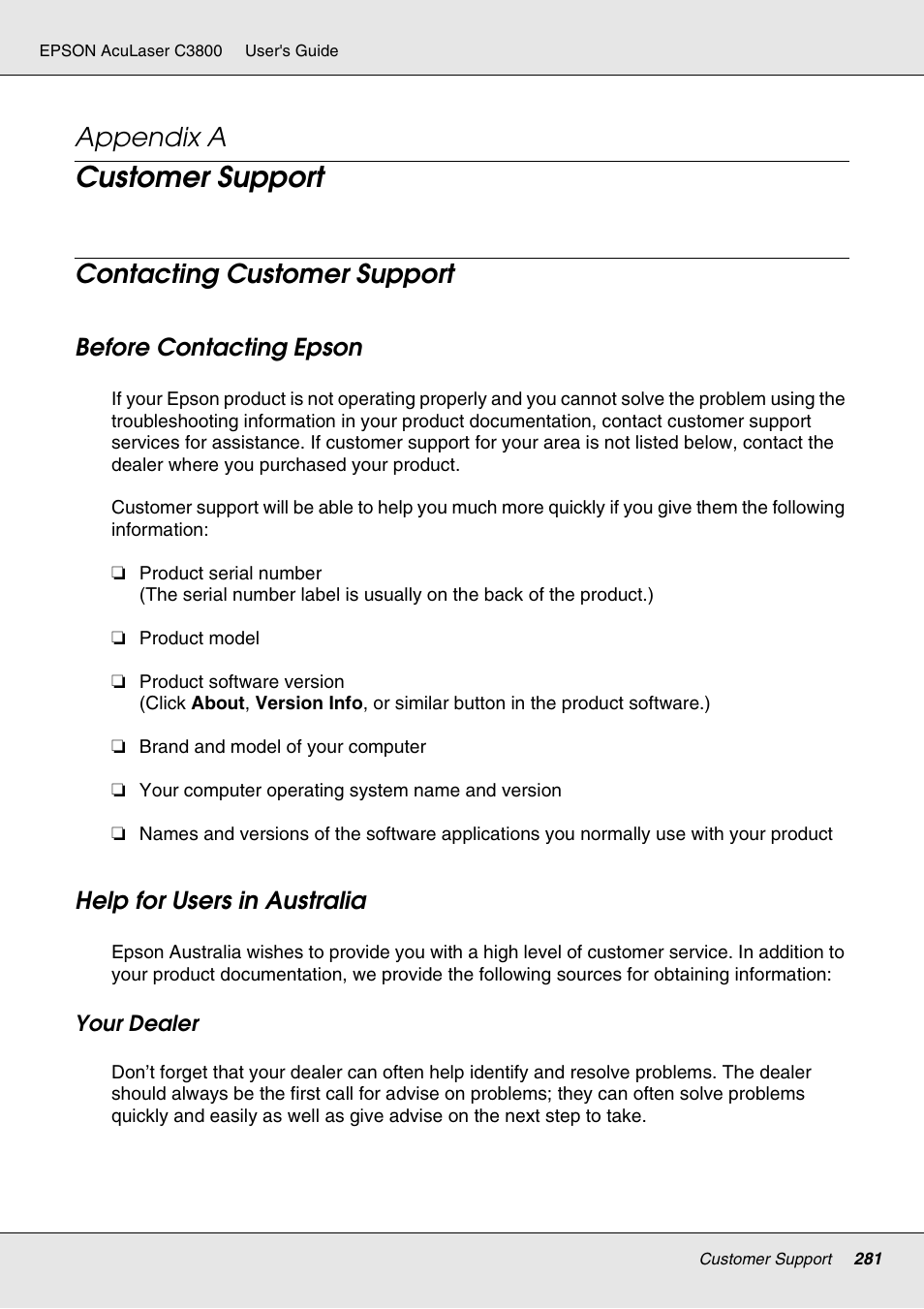 Customer support, Contacting customer support, Before contacting epson | Help for users in australia, Appendix a | Epson ACULASER C3800 User Manual | Page 281 / 302