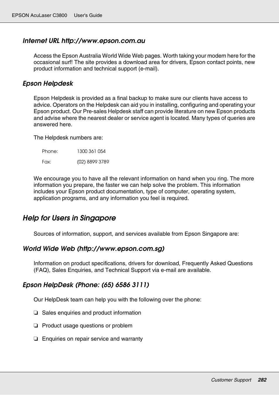 Help for users in singapore | Epson ACULASER C3800 User Manual | Page 282 / 302