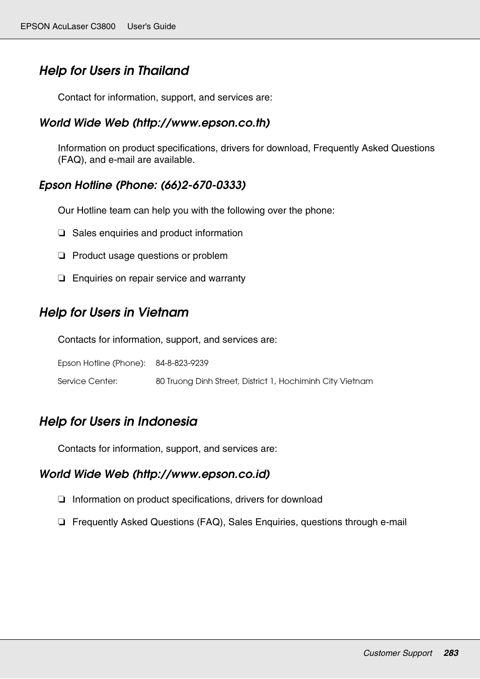 Help for users in thailand, Help for users in vietnam, Help for users in indonesia | Epson ACULASER C3800 User Manual | Page 283 / 302