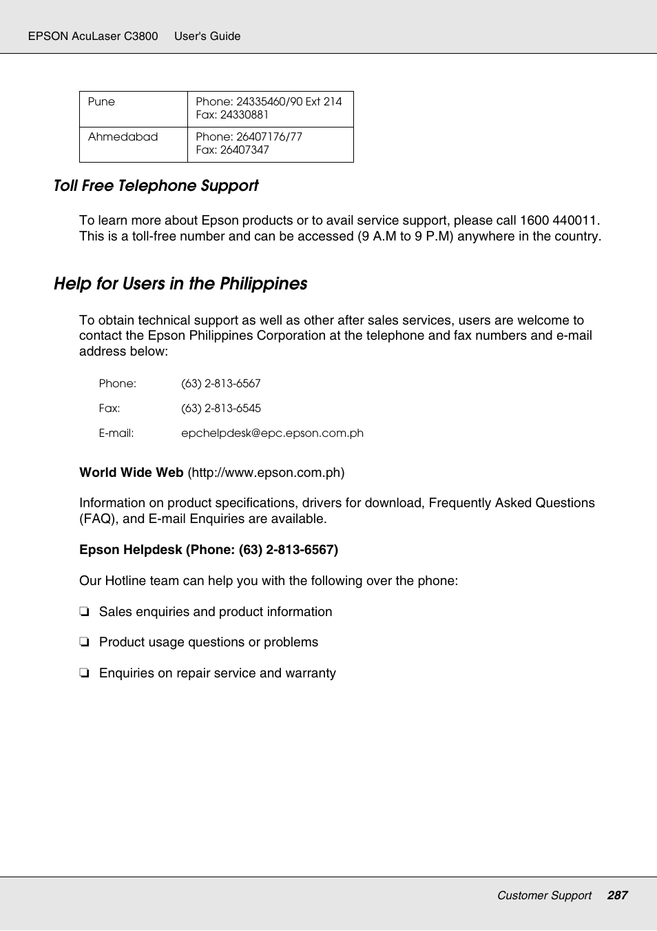 Help for users in the philippines, Toll free telephone support | Epson ACULASER C3800 User Manual | Page 287 / 302