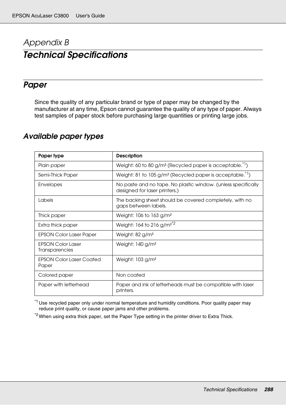 Technical specifications, Paper, Available paper types | Appendix b | Epson ACULASER C3800 User Manual | Page 288 / 302