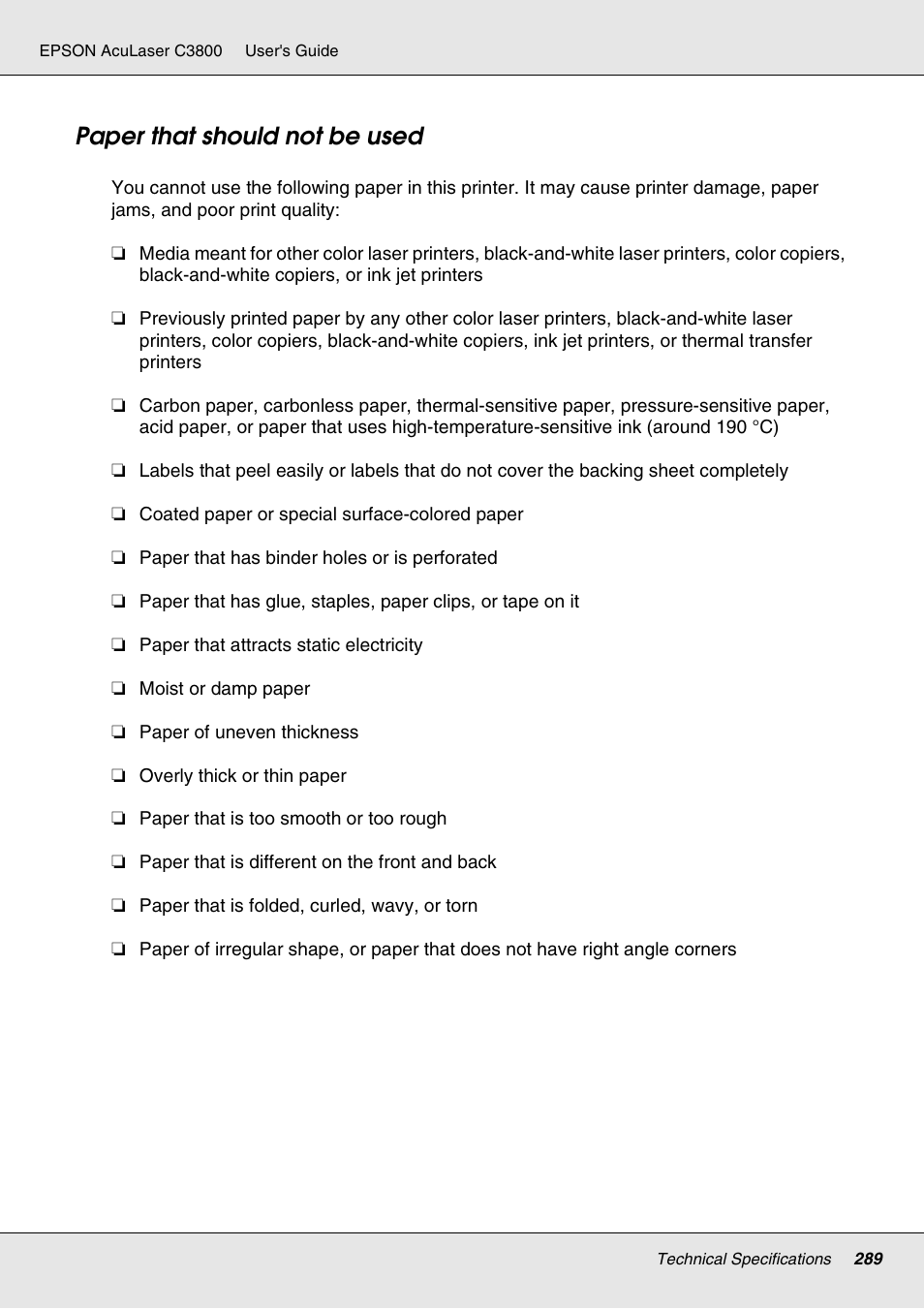 Paper that should not be used | Epson ACULASER C3800 User Manual | Page 289 / 302