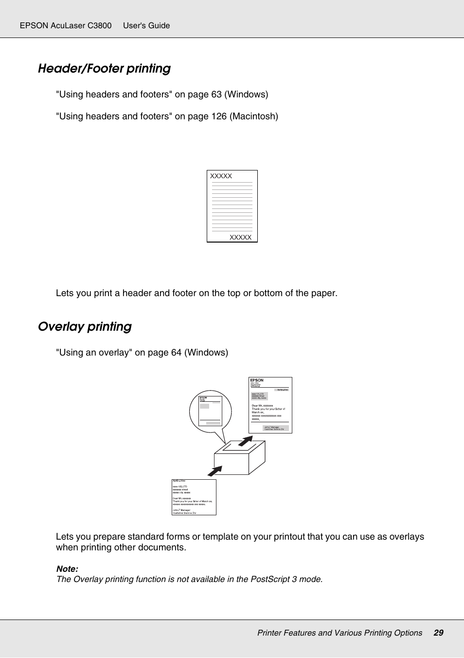 Header/footer printing, Overlay printing, Header/footer printing overlay printing | Epson ACULASER C3800 User Manual | Page 29 / 302