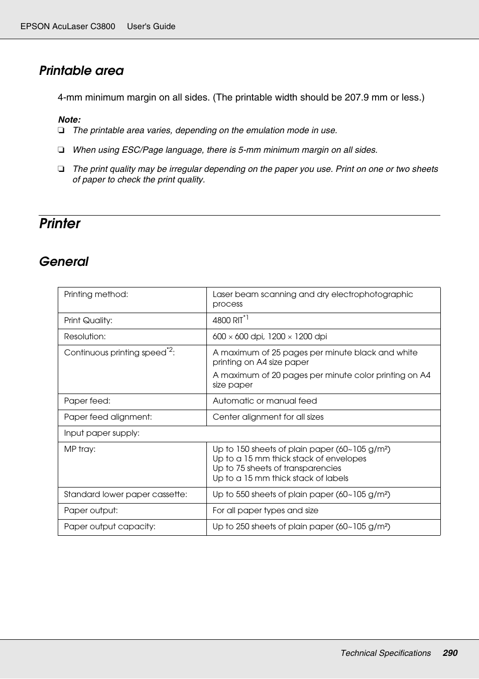Printable area, Printer, General | Epson ACULASER C3800 User Manual | Page 290 / 302