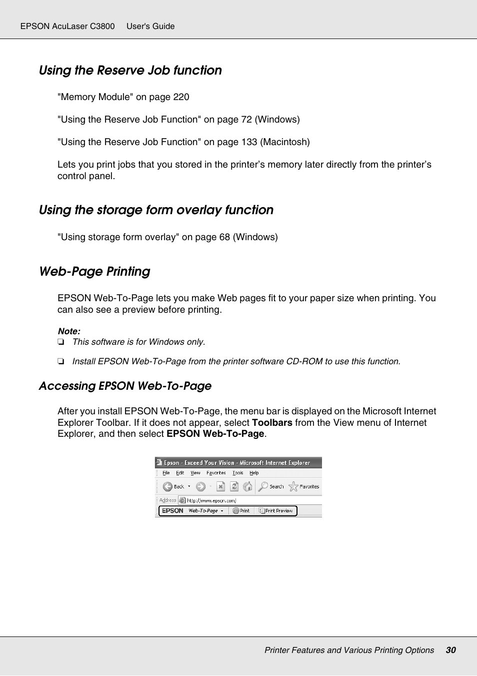 Using the reserve job function, Using the storage form overlay function, Web-page printing | Epson ACULASER C3800 User Manual | Page 30 / 302
