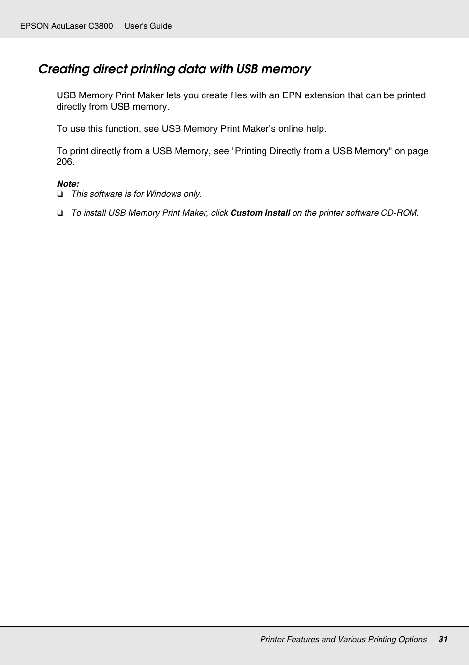 Creating direct printing data with usb memory | Epson ACULASER C3800 User Manual | Page 31 / 302