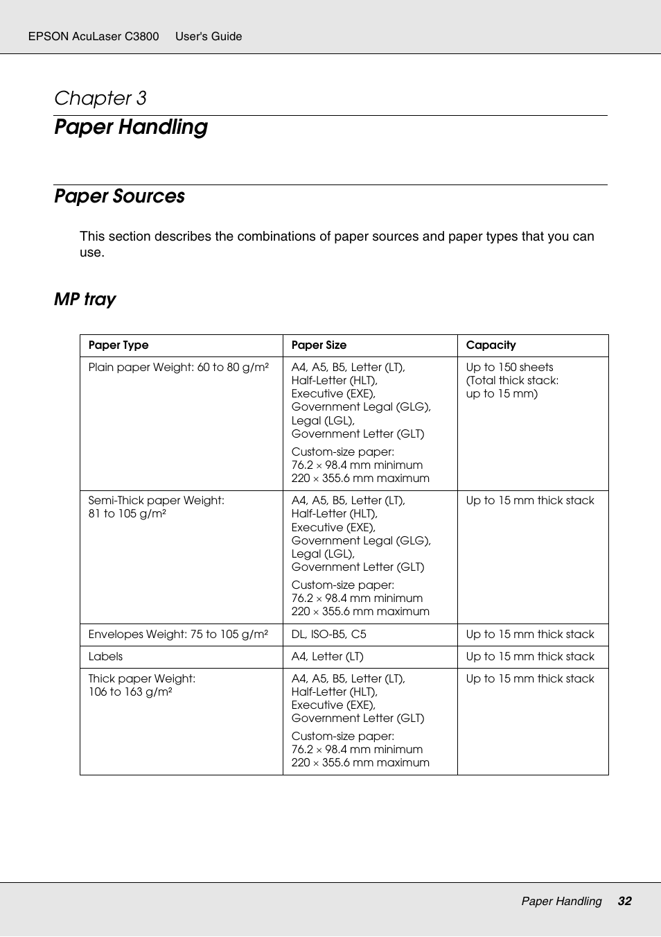 Paper handling, Paper sources, Mp tray | Chapter 3 | Epson ACULASER C3800 User Manual | Page 32 / 302