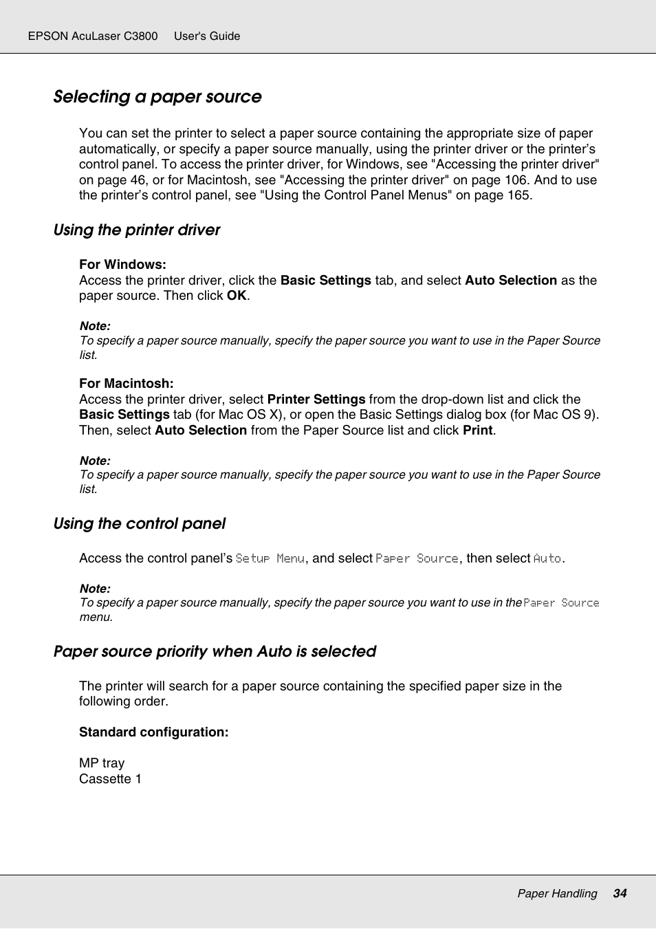 Selecting a paper source | Epson ACULASER C3800 User Manual | Page 34 / 302