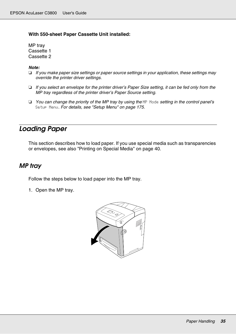 Loading paper, Mp tray | Epson ACULASER C3800 User Manual | Page 35 / 302