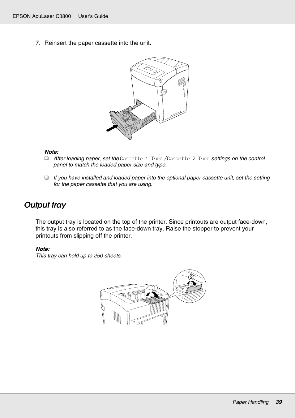 Output tray | Epson ACULASER C3800 User Manual | Page 39 / 302