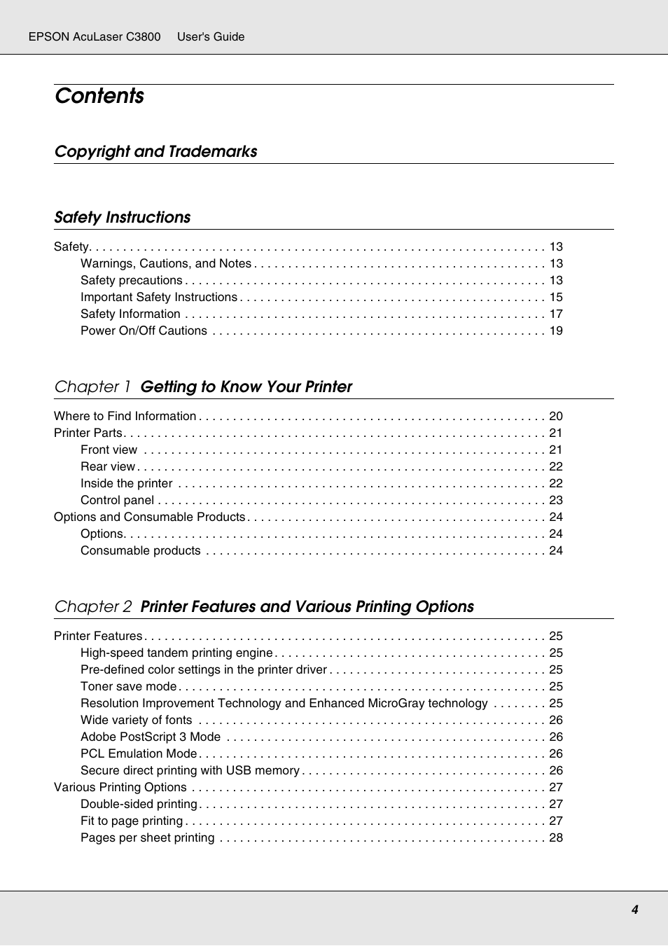 Epson ACULASER C3800 User Manual | Page 4 / 302