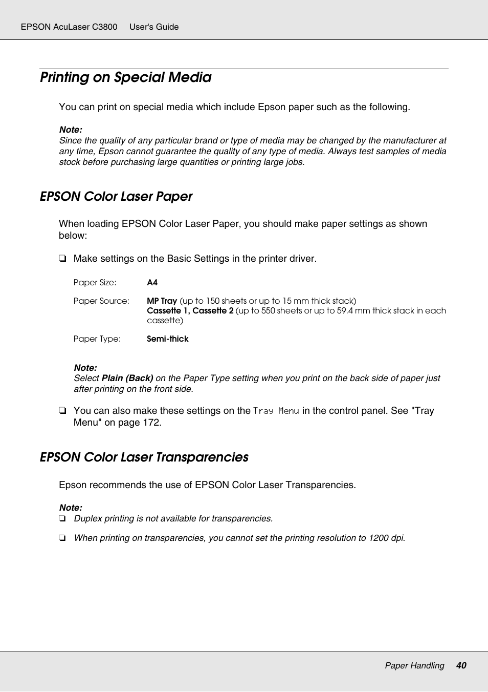 Printing on special media, Epson color laser paper, Epson color laser transparencies | Epson ACULASER C3800 User Manual | Page 40 / 302