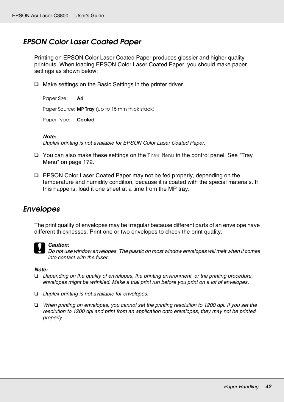Epson color laser coated paper, Envelopes, Epson color laser coated paper envelopes | Epson ACULASER C3800 User Manual | Page 42 / 302