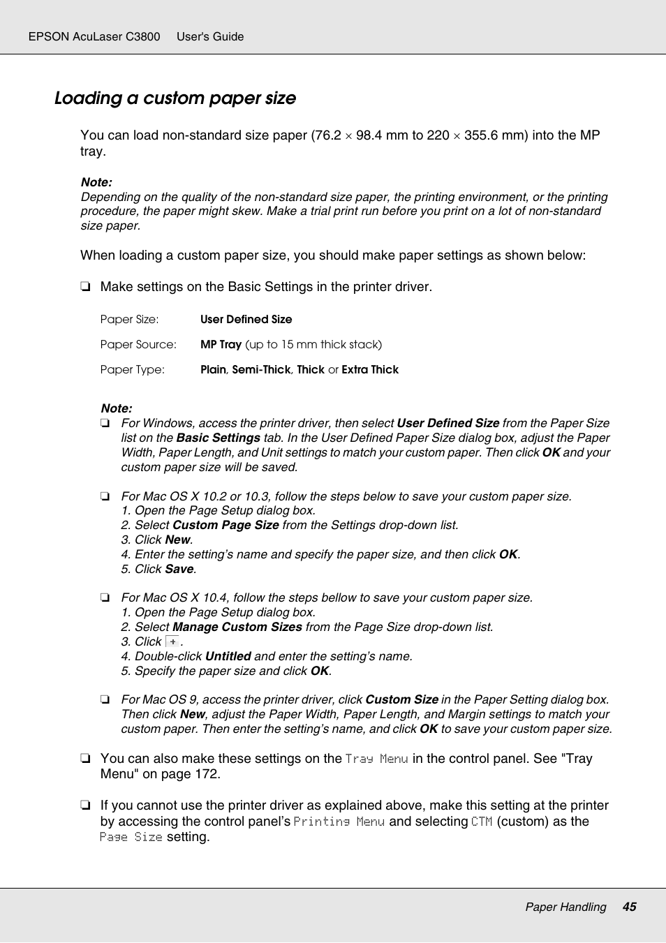 Loading a custom paper size | Epson ACULASER C3800 User Manual | Page 45 / 302
