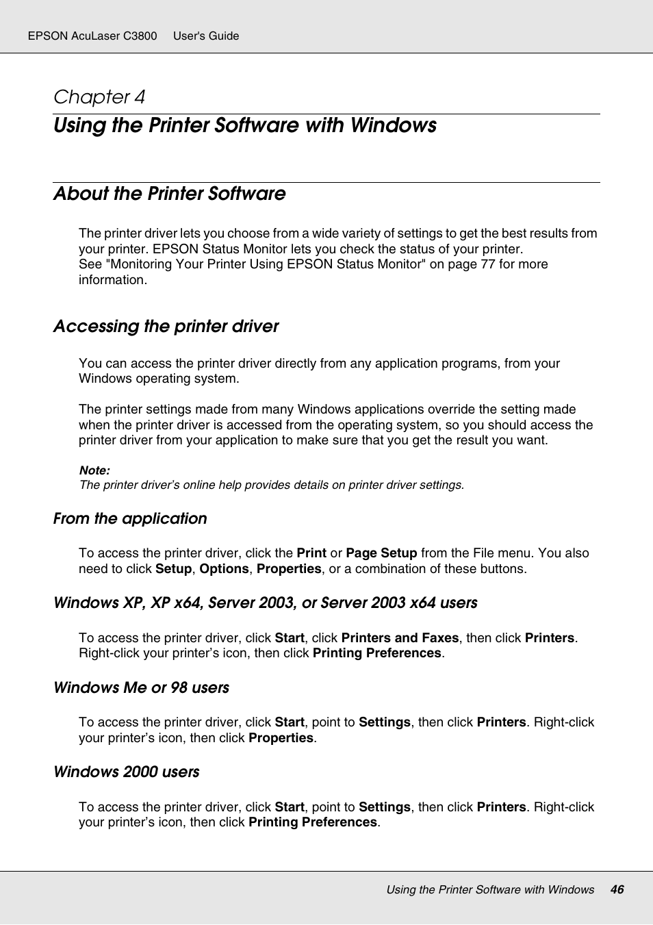 Using the printer software with windows, About the printer software, Accessing the printer driver | Chapter 4 | Epson ACULASER C3800 User Manual | Page 46 / 302