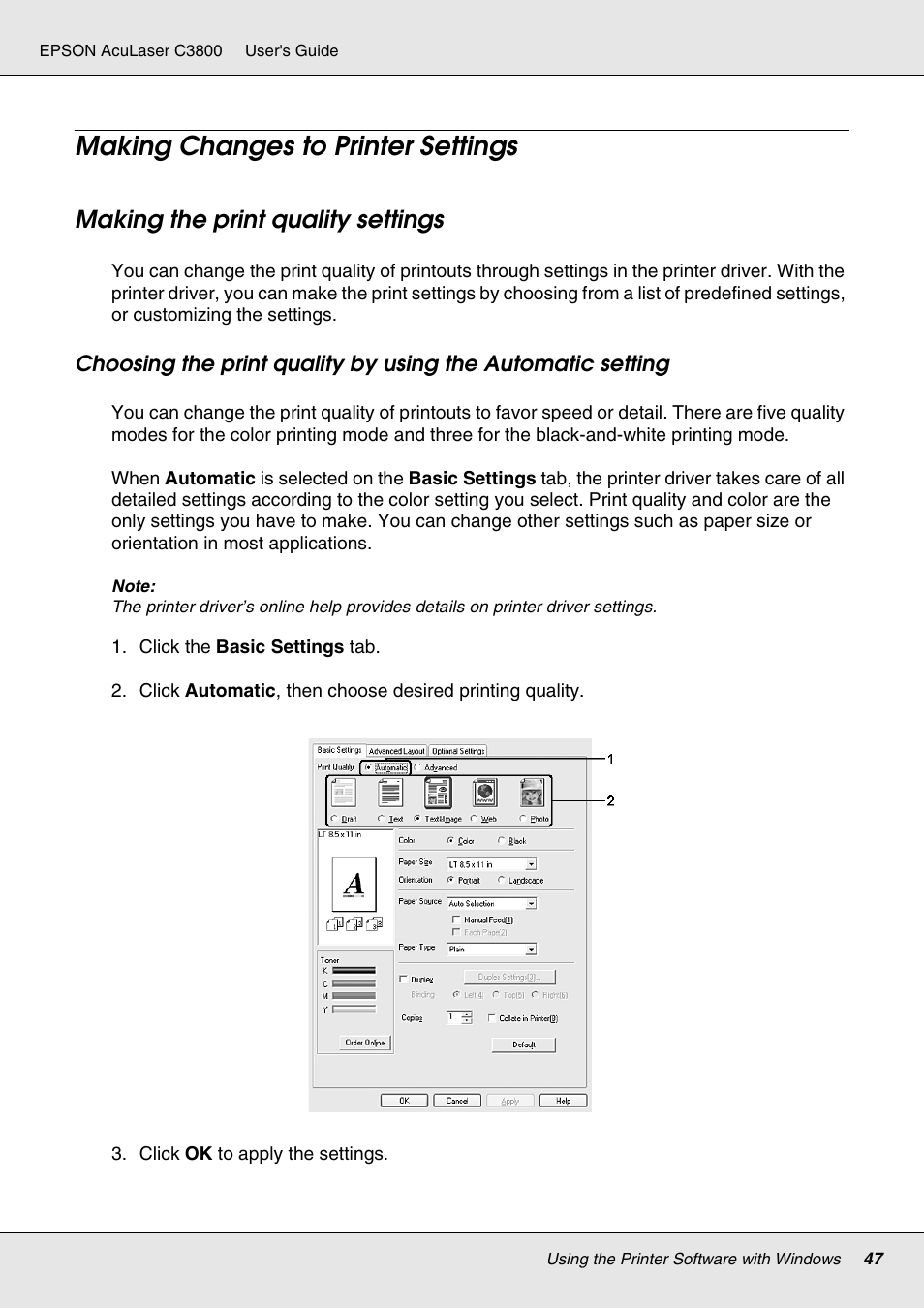 Making changes to printer settings, Making the print quality settings | Epson ACULASER C3800 User Manual | Page 47 / 302