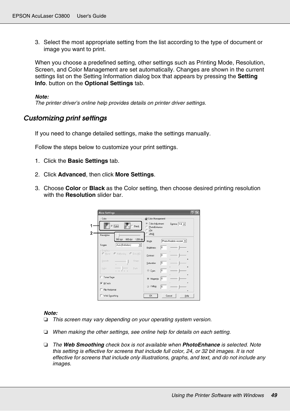 Customizing print settings | Epson ACULASER C3800 User Manual | Page 49 / 302