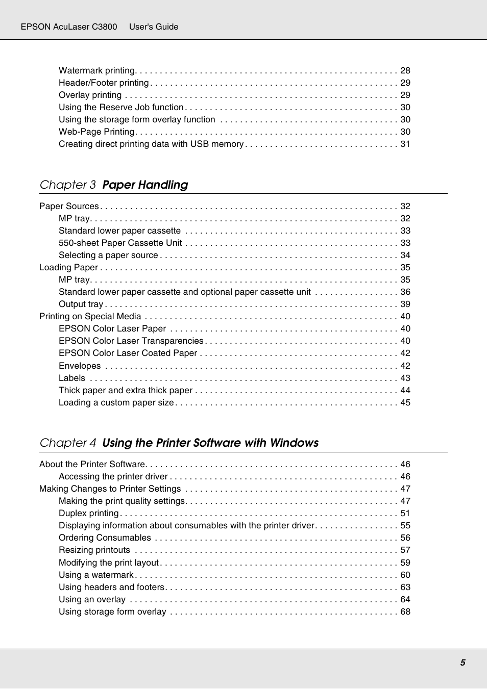 Chapter 3 paper handling, Chapter 4 using the printer software with windows | Epson ACULASER C3800 User Manual | Page 5 / 302