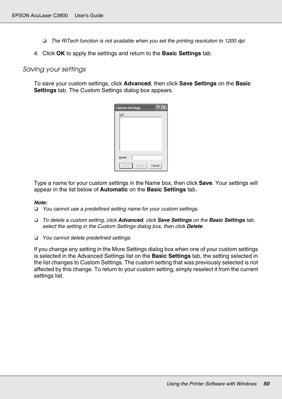 Saving your settings | Epson ACULASER C3800 User Manual | Page 50 / 302