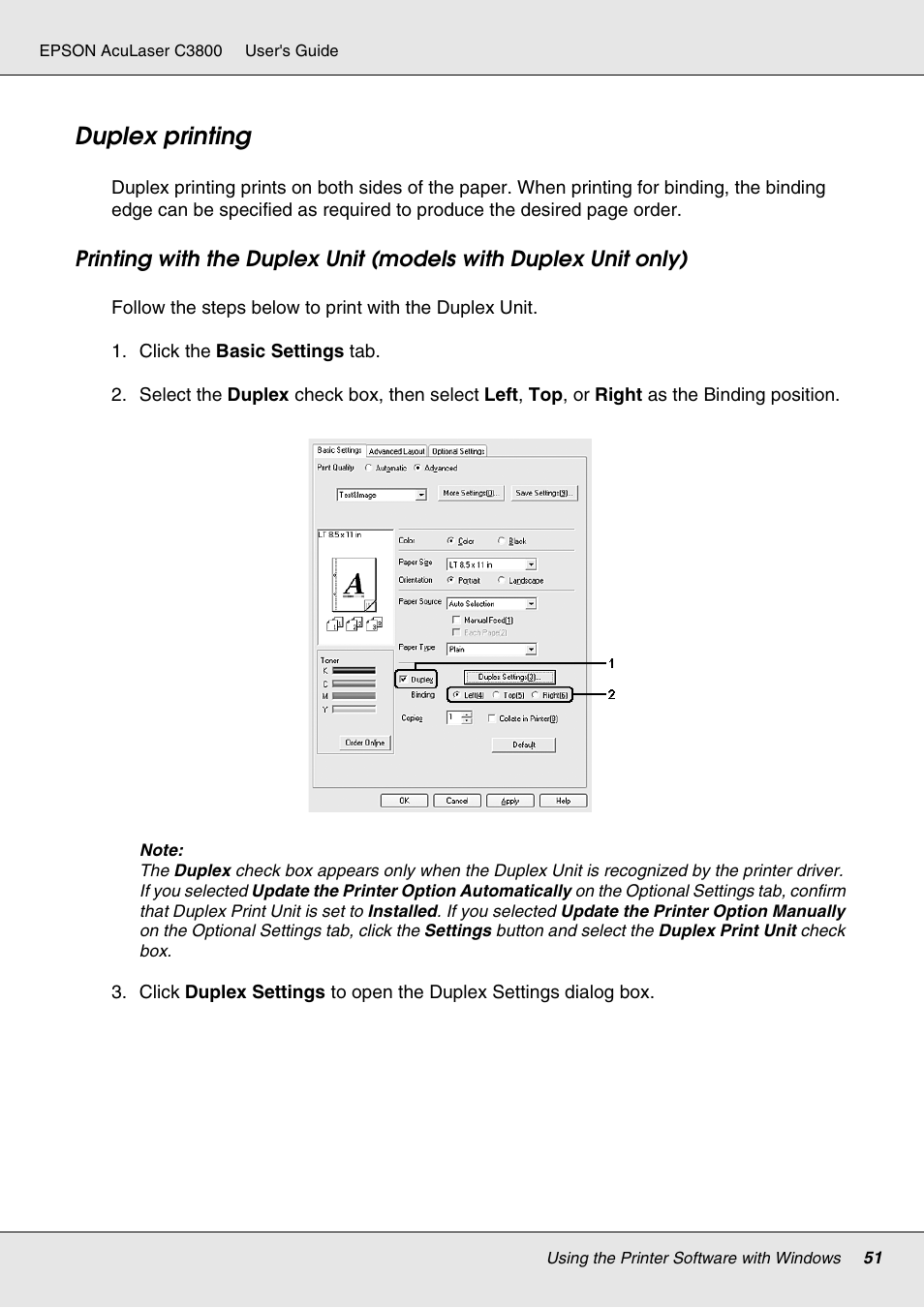 Duplex printing | Epson ACULASER C3800 User Manual | Page 51 / 302